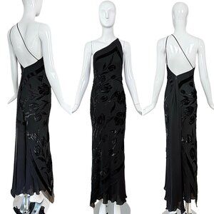 PAMELA DENNIS Vintage Black Silk Asymmetrical Evening Gown Maxi Dress Floral